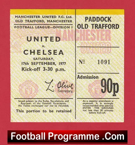 Manchester United v Chelsea 1977 – Football Match Ticket