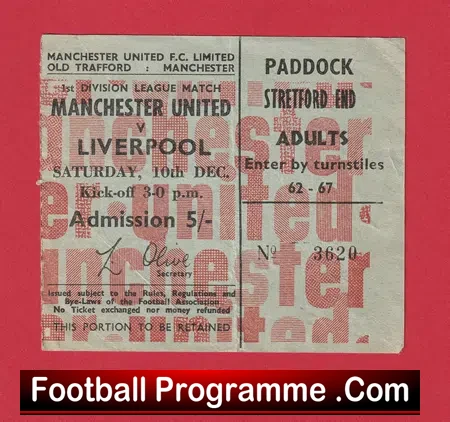 Manchester United v Liverpool 1966 – 1960s Old Football Ticket