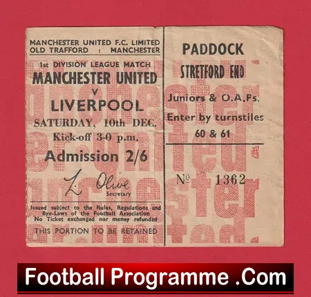 Manchester United v Liverpool 1966 - Man Utd Football Ticket