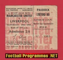 Manchester United v Liverpool 1966 - Man Utd Football Ticket - football memorabilia