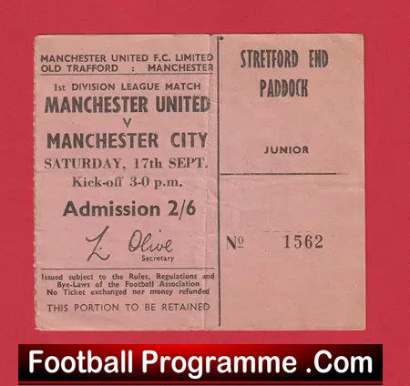 Manchester United v Manchester City 1966 - Man Utd Ticket 1960s