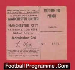 Manchester United v Manchester City 1966 - Man Utd Ticket 1960s - football memorabilia