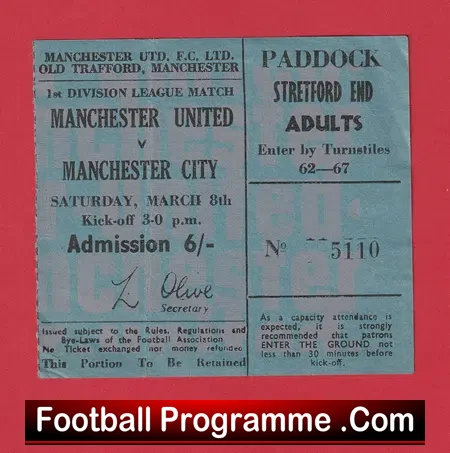 Manchester United v Manchester City 1969 - Old Football Ticket