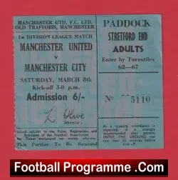 Manchester United v Manchester City 1969 - Old Football Ticket - football memorabilia
