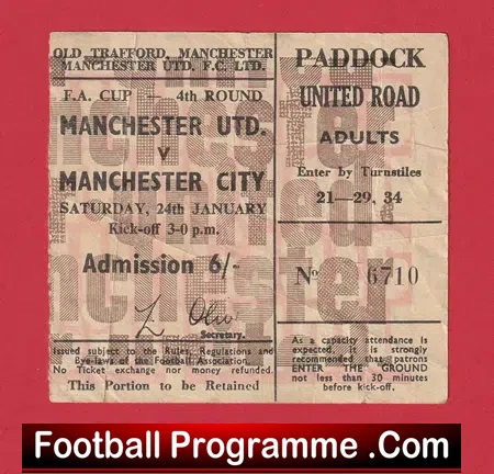 Manchester United v Manchester City 1970 - FA Cup Ticket