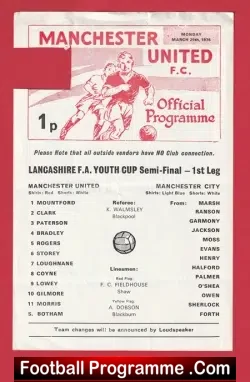 Manchester United v Manchester City 1976 - Youth Cup Semi Final - football programme