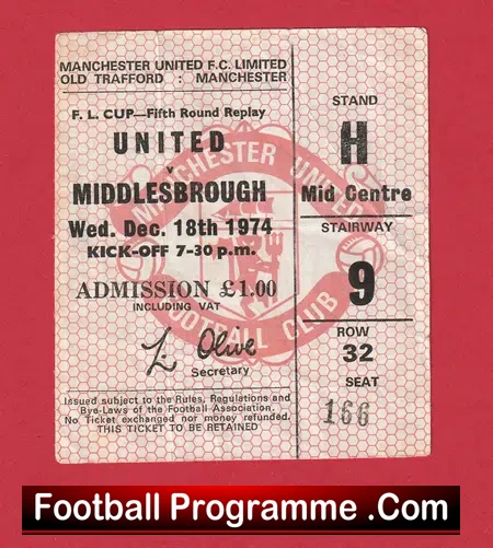 Manchester United v Middlesbrough 1974 – 2nd Division Ticket