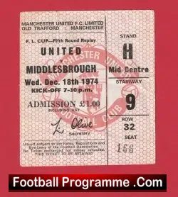 Manchester United v Middlesbrough 1974 – 2nd Division Ticket
