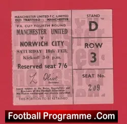Manchester United v Norwich City 1967 - Football Ticket - football memorabilia