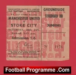 Manchester United v Stoke City 1967 - Old Football Ticket - football memorabilia