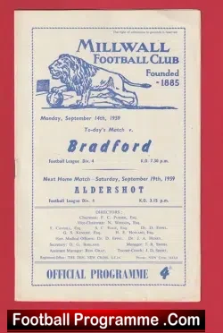 Millwall v Bradford 1959 - 1950s - football programme