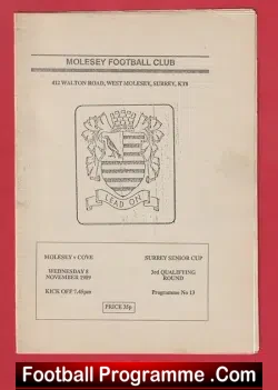 Molesey v Cove 1989 - Surrey Senior Cup - football programme