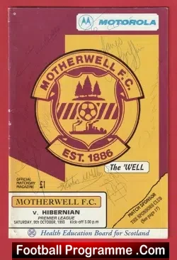 Motherwell v Hibernian Hibs 1993 - Multi Autographed SIGNED - football programme