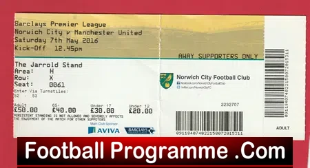 Norwich City v Manchester United 2016 – Football Match Ticket