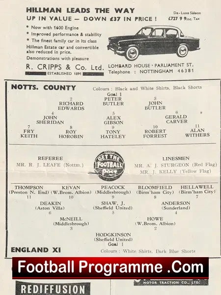 Notts County v England 1962 - Friendly Game