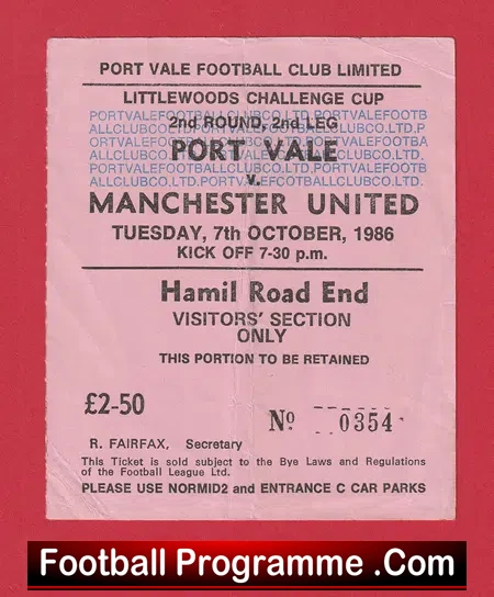Port Vale v Manchester United 1986 – Match Ticket