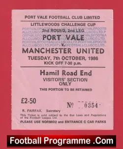 Port Vale v Manchester United 1986 – Match Ticket