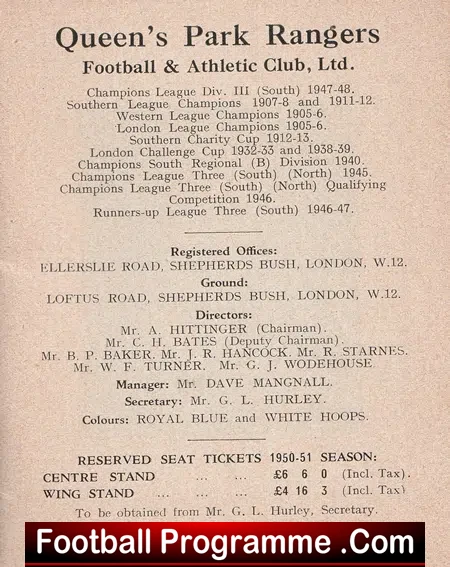 Queens Park Rangers Football Club Official Handbook 1950 - 1951