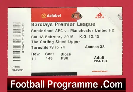 Sunderland v Manchester United 2016 – Football Ticket