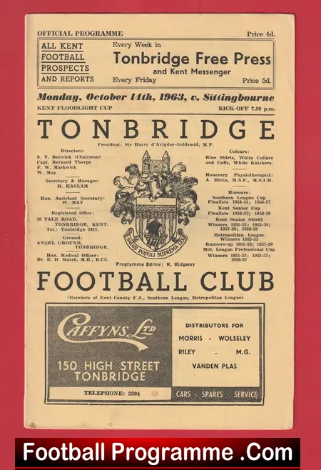 Tonbridge v Sittingbourne 1963 – Kent Floodlight Cup