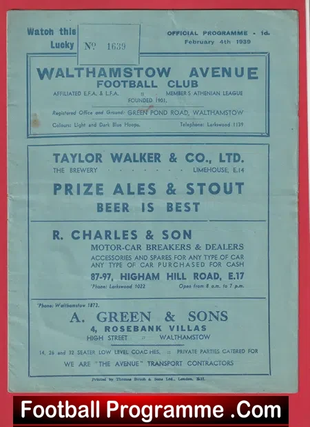 Walthamstow Avenue v Ilford 1939 – 1930s Programmes 30s