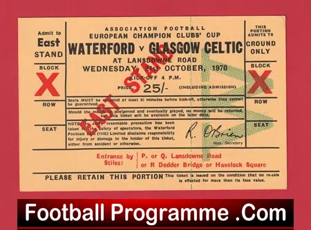 Waterford v Glasgow Celtic 1970 – Football Ticket Ireland