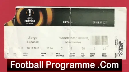 Zorya Luhawsk v Manchester United 2016 – Match Ticket Ukraine