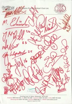 St Helens Rugby Team Multi Signed Autographed Team Sheet 2002