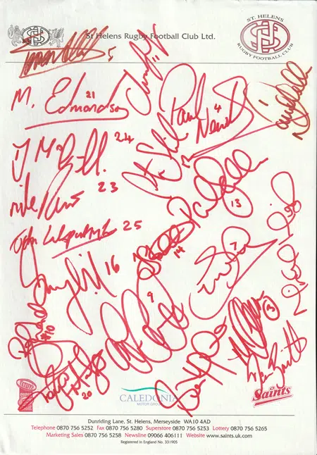 St Helens Rugby Team Multi Signed Autographed Team Sheet 2002