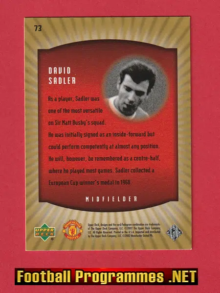 Manchester United David Sadler Autograph Card - Man Utd