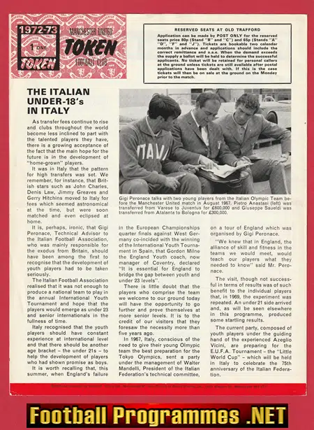 Manchester United v Italian Youth 1972 - Rare Man Utd Football Programme