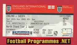England v Sweden 2001 - Football Ticket