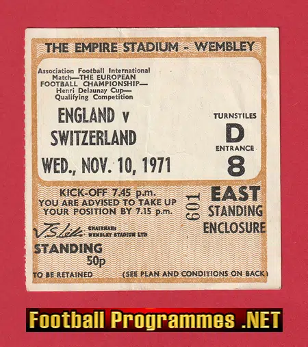England v Switzerland 1971 - Football Ticket