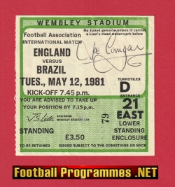 England v Brazil 1981 – Football Ticket Signed by Joe Corrigan