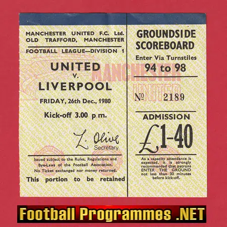 Manchester United v Liverpool 1980 - Man Utd Ticket 1980s