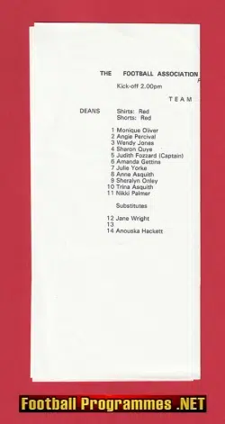 Dean Ladies v Runcorn 1995 - Womens Football Team Sheet