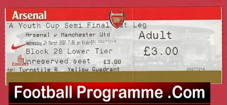 Arsenal v Manchester United 2007 – Youth Cup Semi Final Ticket