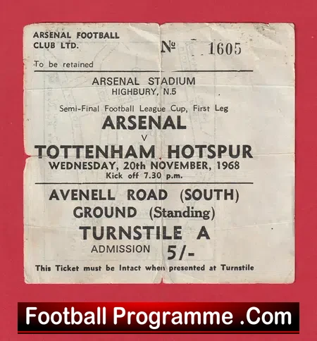 Arsenal v Tottenham Hotspur 1968 – Semi Final Football Ticket