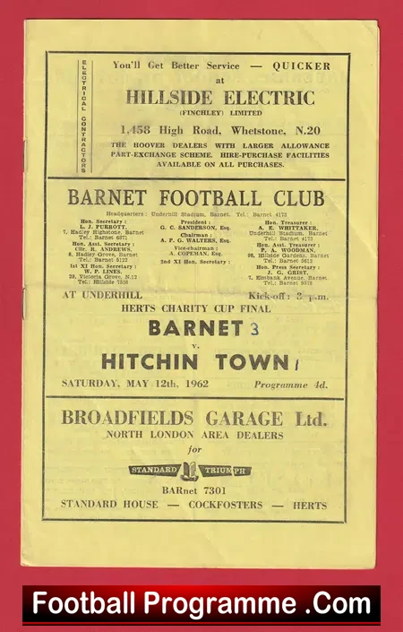 Barnet v Hitchin Town 1962 – Herts Charity Cup Final