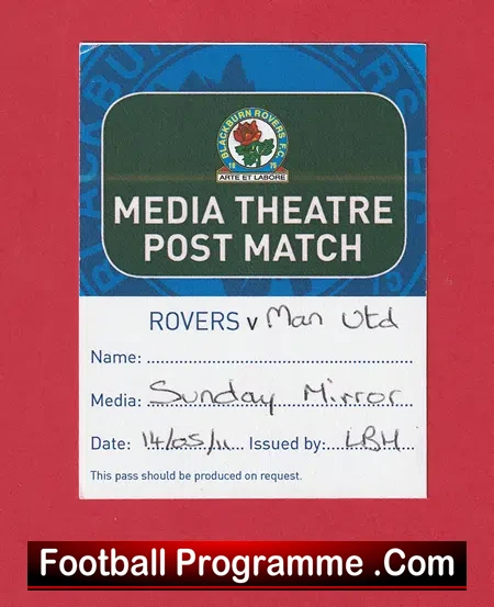 Blackburn Rovers v Manchester United 2011 – Press Ticket Sunday Mirror