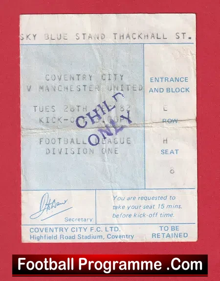 Coventry City v Manchester United 1982 – Ticket