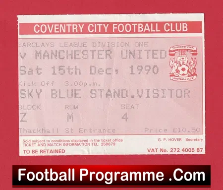 Coventry City v Manchester United 1990 – Match Ticket