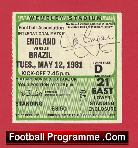 England v Brazil 1981 – Football Ticket Signed by Joe Corrigan