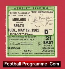 England v Brazil 1981 – Football Ticket Signed by Joe Corrigan