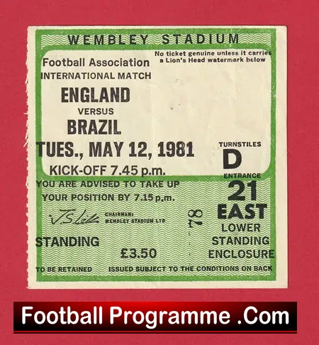 England v Brazil 1981 – Football Ticket