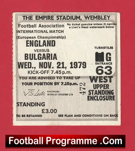 England v Bulgaria 1979 – Football Ticket