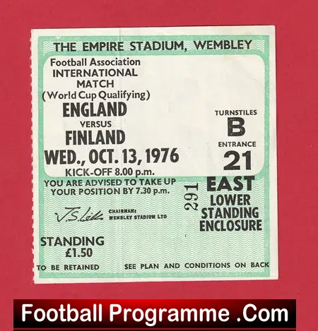 England v Finalnd 1976 – Football Ticket
