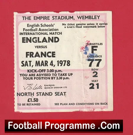 England v France 1978 – Football Ticket Schoolboys