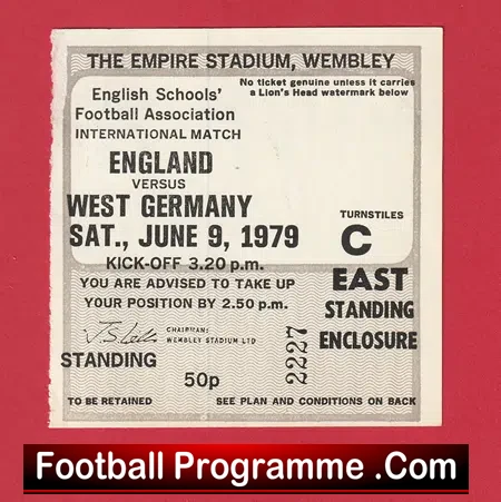 England v Germany 1979 – Ticket Schoolboys