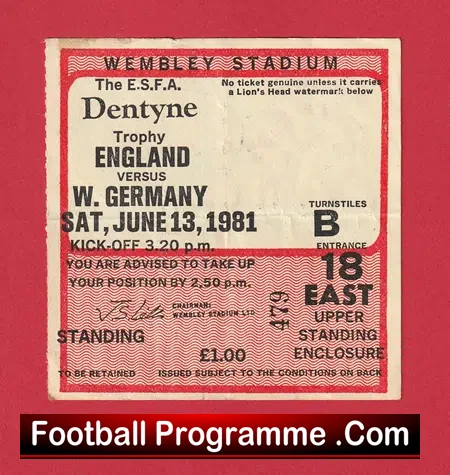 England v Germany 1981 – Football Ticket Schoolboys Match
